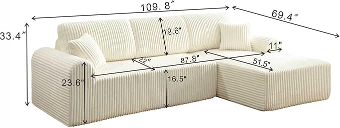 109-Inch L-Shaped Right Facing Boneless Corner Sofa 2 PCS Modular Sectional Cloud Sofa Couch with Chaise Lounge and Toss Pillow, Corduroy Boneless L-Shaped Couches