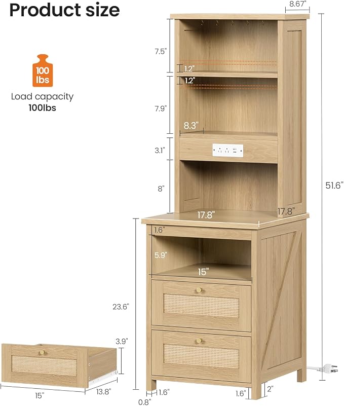 Farmhouse Tall Nightstand with Charging Station and 2 Drawers,Led Rattan Night Stand with Bookshelf,Bedside End Side Table with 6 Hooks and Storage Shelves for Bedroom,Wood - Image 2