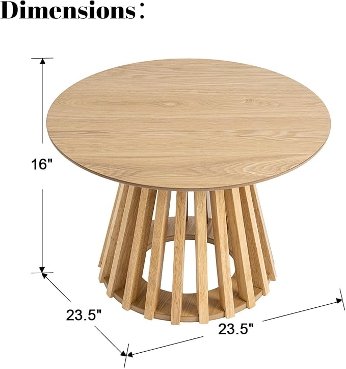 LukeAlon 24" Round Coffee Table, Mid Century Modern Wooden Center Table with Columnar Wood Strips Base Sofa Side Table Circle Tables for Living Room Small Space,Oak Color