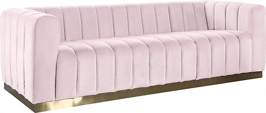 Meridian Furniture 603Pink-S Marlon Collection Modern | Contemporary Velvet Upholstered Sofa with Deep Channel Tufting, Stainless Steel Base in a Brushed Gold Finish, Pink, 86.5" W x 34" D x 28" H