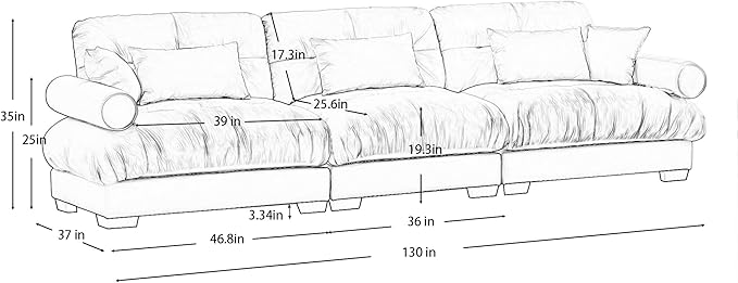 KEIKI 130" Oversized Velvet Modular Sectional Sofa with High-Density Foam Cushions and Bolstered Armrests, Upholstered Modern Style 3-Seater Cloud Couch with 5 Pillow, for Apartment, Living Room, Grey