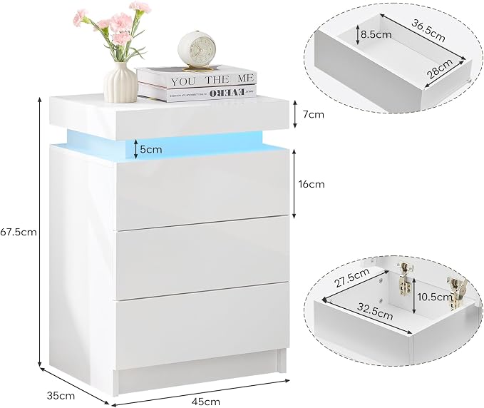 TUKAILAi Modern Nightstand with LED Light, Smart Bedside Table with 3 Drawers and Flip Top Storage Cabinet, High Gloss Side Table End Table for Bedroom (White) - Image 3