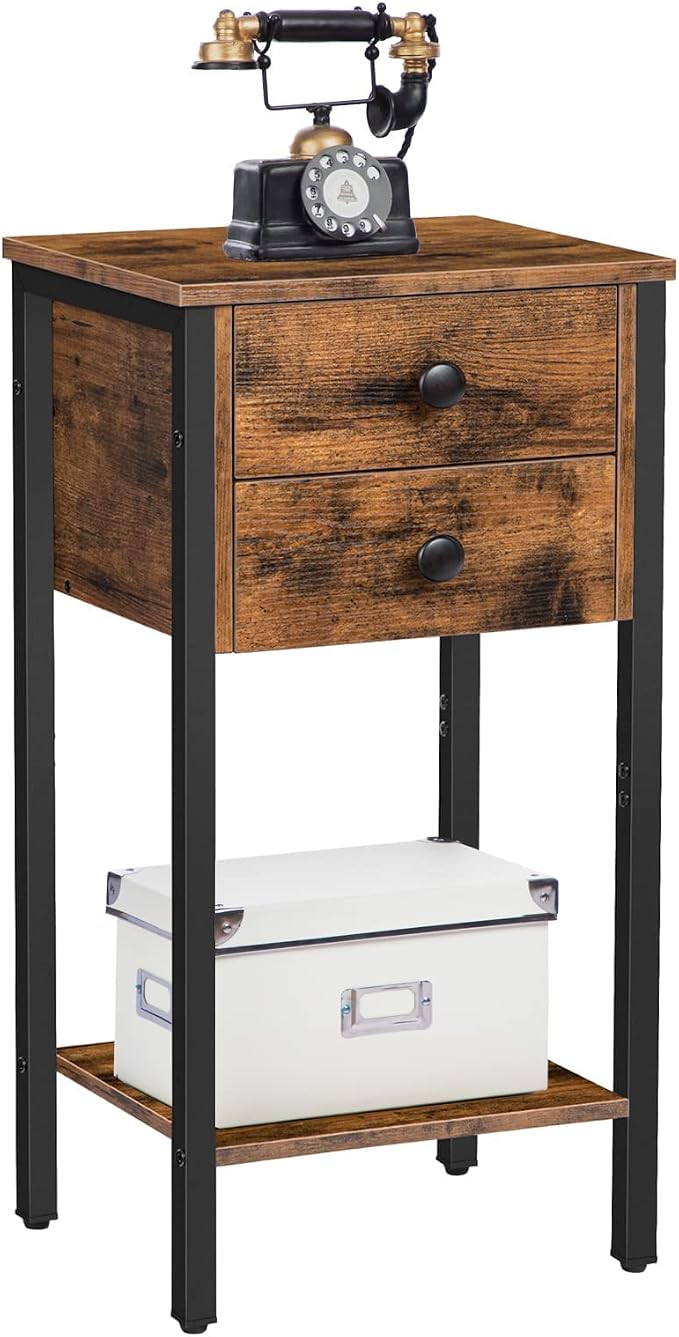 HOOBRO Tall Nightstand, End Table with 2 Drawers and Storage Shelf, Industrial Telephone Side Table for Study, Bedroom, Space Saving, Easy Assembly, Rustic Brown and Black BF72BZ01 - Image 7