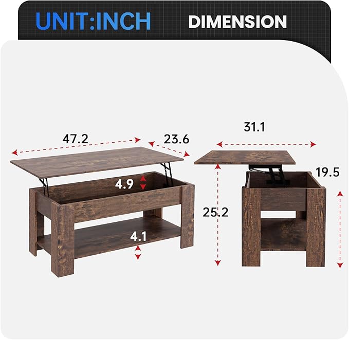 PayLessHere Coffee Table Lift Top Coffee Tables with Hidden Compartment and Storage Shelf Wooden Lift Tabletop Dining Table for Living Room Home (Brown, 47" D x 31" W x 25" H)