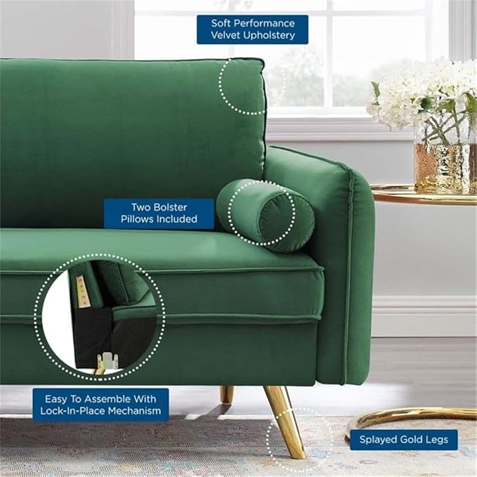 Modway Revive Modern Performance Velvet & Metal Sofa in Emerald Green/Gold