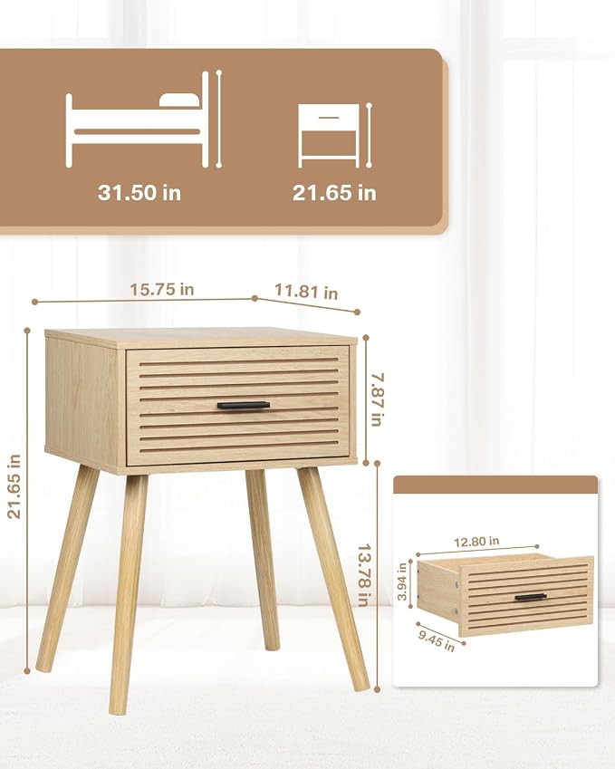 2 Sets Striped Grooved Nightstand with Solid Wood Storage Drawer, Bedside Table for Bedroom Living Room Dorm, 2 Tier Modern Night Stands for Small Space, Minimalist Bed Table (Double Layer, 2 Sets) - Image 2