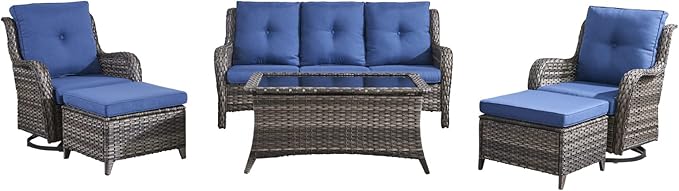 HUMMUH Patio Furniture 6 Pieces Outdoor Furniture Set Wicker Outdoor Sectional Sofa with Swivel Rocking Chairs,Patio Ottomans,Patio Coffee Table, Grey/Blue