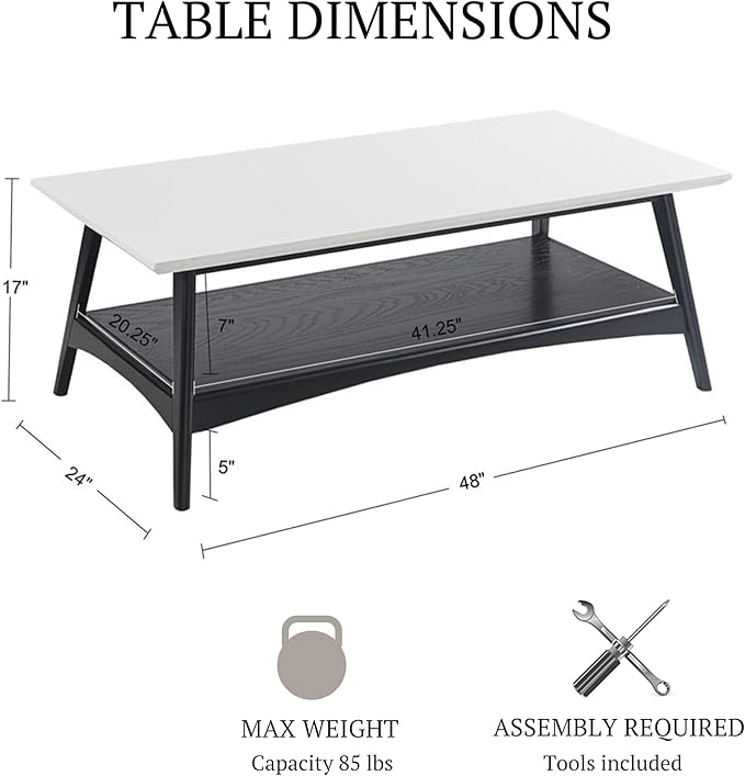 Madison Park Coffee Table with Storage Shelf, Rectangular Table for Living Room, Solid Wood Frame & Legs Accent Furniture for Living Room, Minimalist Décor - 48" W x 24" D x 17" H Off-White/Black