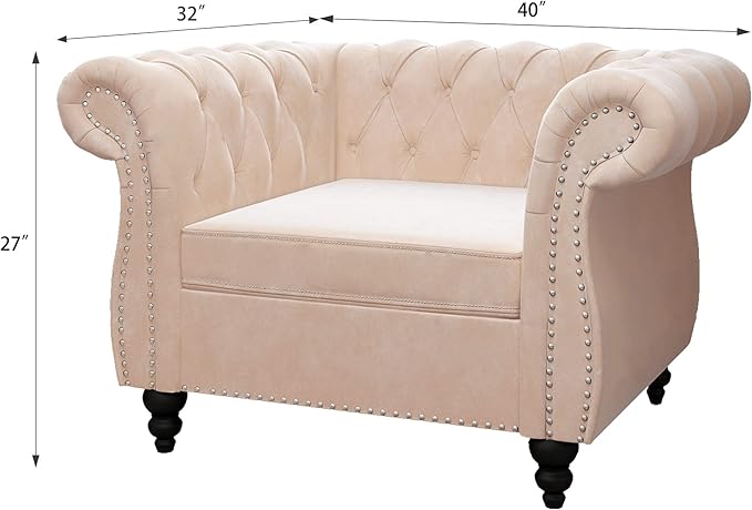LEVNARY Velvet Chesterfield Chair, Mid-Century Modern Single Sofa Chair with Button Tufted Backrest and Nailhead Decor, Tufted Upholstered Rolled Armchair for Home Bedroom Reading Room (Beige)