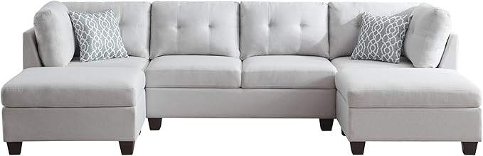 118-Inch Symmetrical Sectional Couch Linen Cloud Cushion Upholstered Sofas, U- Shaped Modular Sectional Sofa with 2 Movable Ottoman Chaise Lounges for Living Room
