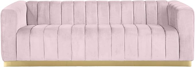 Meridian Furniture 603Pink-S Marlon Collection Modern | Contemporary Velvet Upholstered Sofa with Deep Channel Tufting, Stainless Steel Base in a Brushed Gold Finish, Pink, 86.5" W x 34" D x 28" H