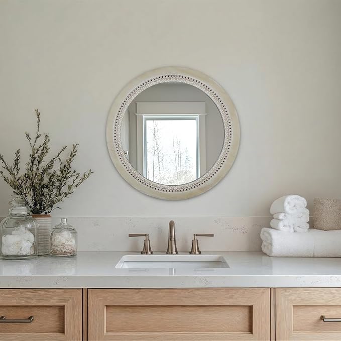 Round Decorative Mirrors for Farmhouse Wall Decor Round Wooden Frame Mirror With Beads, Rustic Large Bathroom Vanity Mirrors for Bathroom, Over Sink, Bedroom, Living Room, Entryway,Foyer (24''Lx24''W) - Image 7