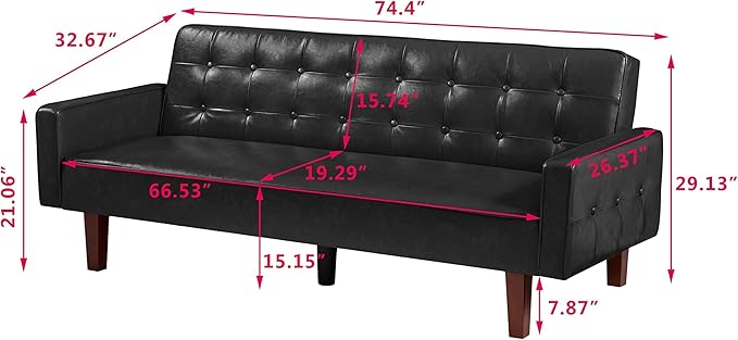 Modern PU Leather 3-Seat Couch, Adjustable Backrest Convertable Sofa, Sleek Minimalist Fold Out Couch Loveseat with Armrests, Sofa for Living Room Home Office Spaces, Black