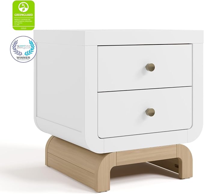 Storkcraft Santorini 2 Drawer Nightstand (White & Driftwood) - GREENGUARD Gold Certified Nightstand for Kids Bedroom, Premium Wood with Curved Base, “Champagne” Metal Knobs - Image 6