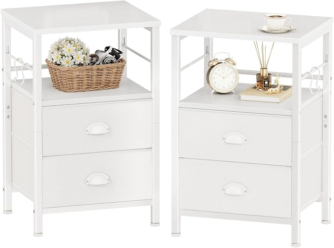 Furologee Nightstands Set of 2, End Table with 2 Fabric Drawers, Night Stand with 2 Hooks, Open Wood Shelf Bedside Table for Bedroom/Living Room/White by Furologee
