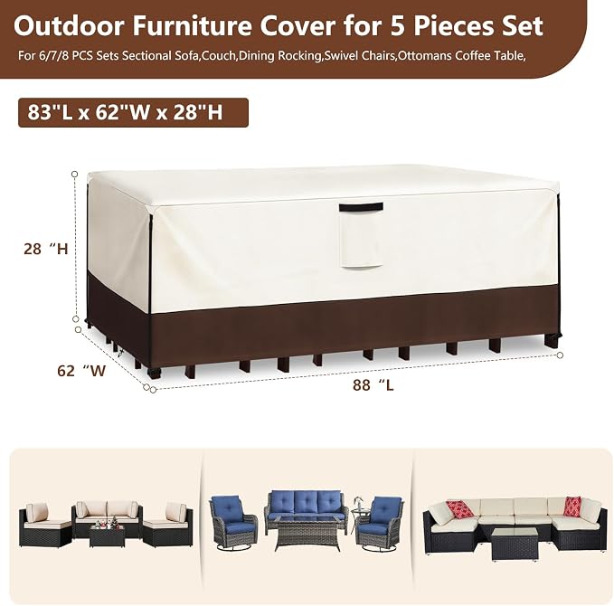 Patio Furniture Covers Waterproof,Heavy Duty Outdoor Furniture Covers, Rectangle Patio Table Cover Fits 5-8Piece Sectional Set Outdoor Chair Couch Table Sets (88" L x 62" W x 28" H) - Image 2