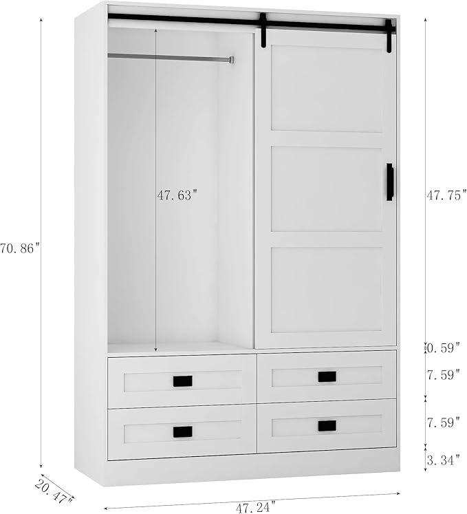Wardrobe Closet with Sliding Barn Door, Tall Wooden Bedroom Armoire Wardrobe Closet Clothing Storage Cabinet with 4 Drawers, Adjustable Shelves and Hanging Rod, Clothes Cabinet for Bedroom, White