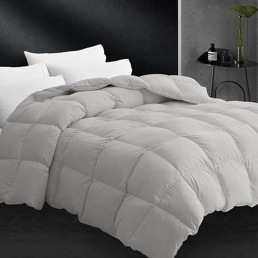 CYMULA King Size Feather Down Comforter - All Season Light Grey Duvet Insert, Lightweight Box Stitched, Fluffy Breathable, Ultra Soft Quiet Hotel Style with 8 Tabs(90" x 106")