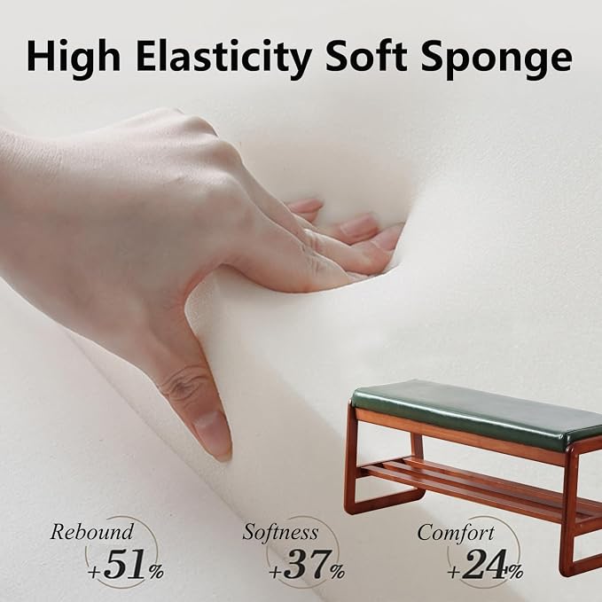Solid Wood Shoe Bench, 2-Tier Wooden Entryway Bench, Modern Shoe Rack with Faux Leather Cushion for Hallway, Living Room (Green, 39.4'') - Image 3