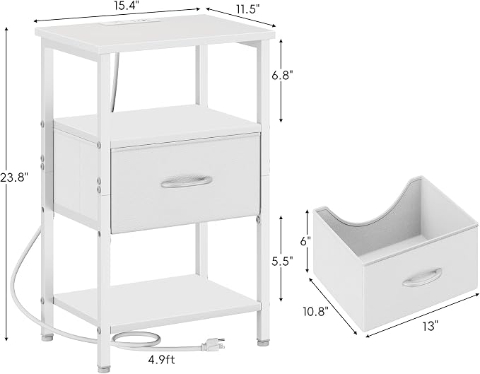 Vagusicc Night Stand Set 2, White Nightstand with Charging Station, Bed Side Table with Drawer, End Table with Storage Shelf for Living Room, Tall Bedside Table, White Night Stand for Bedroom - Image 3
