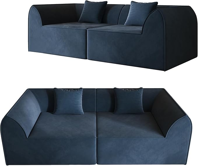 KEIKI 98.43'' Sofa Bed with Rectangle Pillow & Cushions, 2-Seater Convertible Chair, Folding Memory Foam Floor Couch & Sleeping Mattress, Modern Fabric Sleeper Sofa for Bedroom & Living Room, Blue