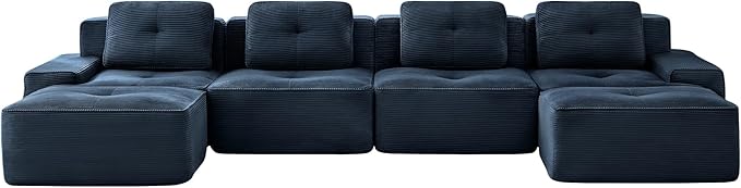Casaphoria 150'' Blue Boneless Sectional Sofa, Corduroy 4-Seater Cloud Couch with 4 Pillows & 2 Ottomans for Living Room, U-Shaped Deep Seat Modular Sofa for Apartment, No Assembly