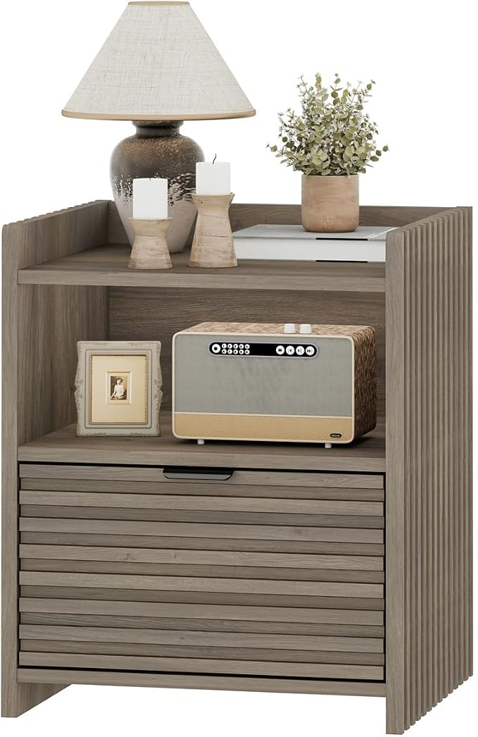 BON AUGURE Nightstand, Grey Fluted Night Stand, Wooden Bedside End Tables with Drawer Storage, Modern Bed Side Night Stands for Bedroom, Living Room (Greige Oak) - Image 3