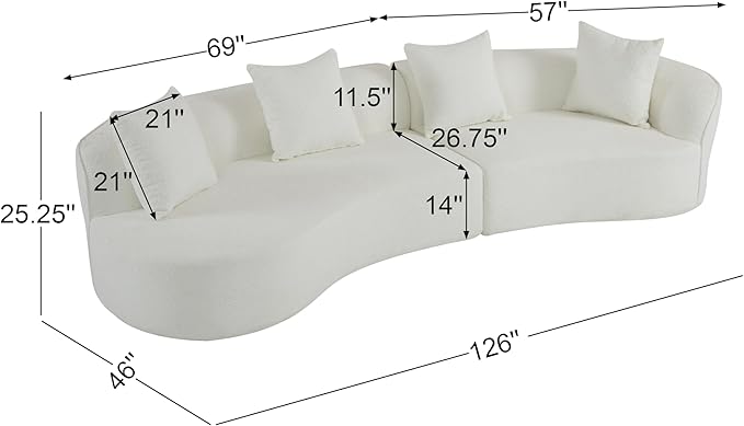 Christopher Knight Home Braebt 126" Modular Sofa with 4 Throw Pillows, Curved 5-Seater Large Sofa Couches, Comfy Upholstered Sectional Cloud Couch for Living Room, Study, No Assembly Required, Beige