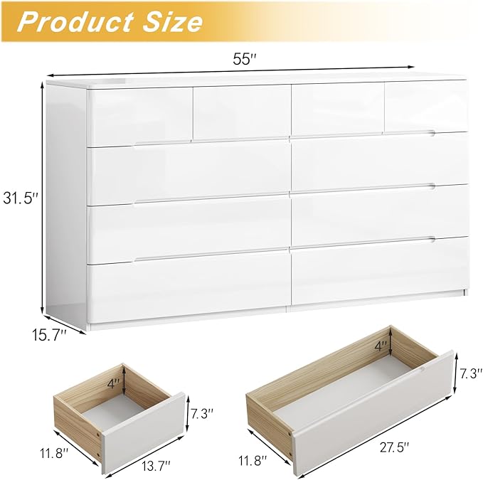 LIVAUVEAD White Dresser for Bedroom,10 Drawer Double Dresser, Modern Chest of Drawers for Bedroom, Living Room, Entryway and Closet,15.7" D x 55.1" W x 31.5" H