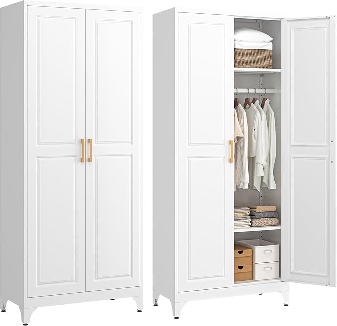 SteeLoong Metal Wardrobe Cabinet with Hanging Rod, 71" Tall Armoire Wardrobe Closet with 2 Doors and Adjustable Shelves, White Clothing Storage Cabinets for Bedroom, Laundry Room, Cloak Room