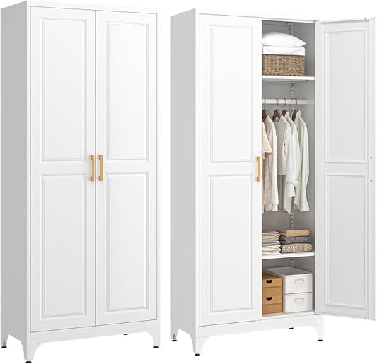 SteeLoong Metal Wardrobe Cabinet with Hanging Rod, 71" Tall Armoire Wardrobe Closet with 2 Doors and Adjustable Shelves, White Clothing Storage Cabinets for Bedroom, Laundry Room, Cloak Room