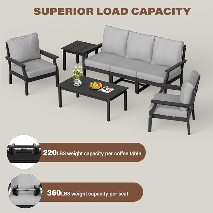HDPE Patio Conversation Set, 7-Piece All Weather Outdoor Furniture Set with 2 Single Armchairs for Deck, Lawn, with Cushion, Black