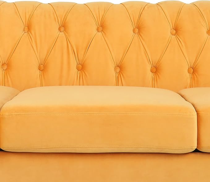 LEVNARY Velvet Chesterfield Sofa, Classic Tufted Upholstered Couch, Modern 3 Seater Couch Long Settee Furniture with Tufted Back for Living Room Office (Yellow)