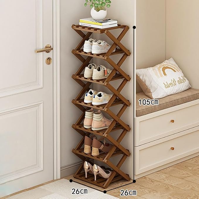 YYW Shoe Rack, Foldable Bamboo Shoes Shelf, Freestanding Shoe Storage Organiser for Entryway, Hallway, Bedroom, Closet (Brown, 7 Layers) - Image 2