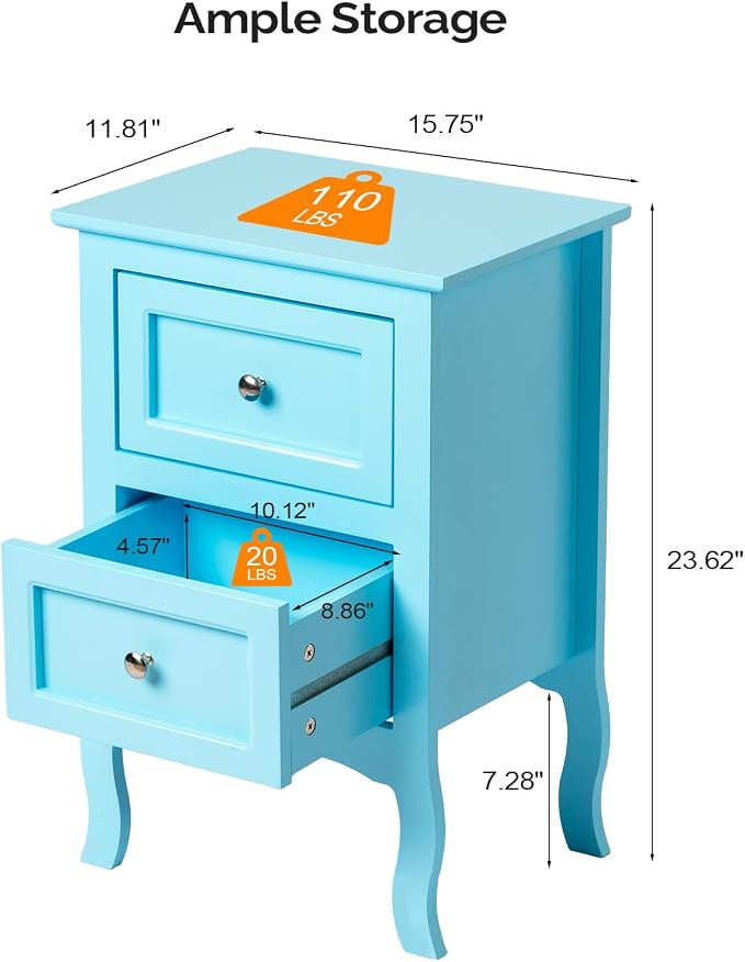 Bonnlo Nightstand Set of 2, Nightstands with 2 Drawers, Blue Nightstand, Bed Side Table/Night Stand, Small Nightstands for Bedroom, Small Spaces, College Dorm, Kids’ Room,Living Room, Wood,16W*12D*24H - Image 2