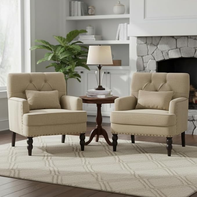 HUIMO Tufted Club Chair Set of 2 with Lumbar Pillow,Accent Chair Upholstered Button Armchair, Linen Fabric Sofa Chairs for Bedroom, Living Room, Mid Century Modern Reading Chair,Brown