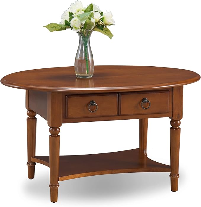 Leick Home Coastal Coffee Table, Solid Wood, Oval, with Drawer and Shelf, Pecan Brown, 20044-PC