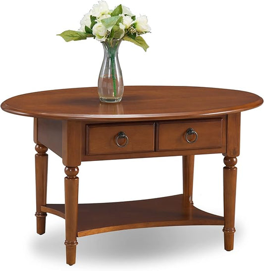 Leick Home Coastal Coffee Table, Solid Wood, Oval, with Drawer and Shelf, Pecan Brown, 20044-PC