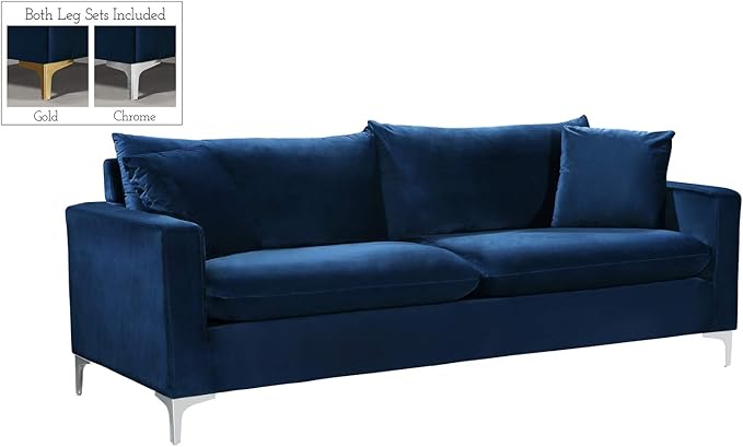 Meridian Furniture Naomi Collection Modern | Contemporary Black Velvet Upholstered Sofa with Stainless Steel Base in a Rich Gold or Chrome Finish, (633Black-S)