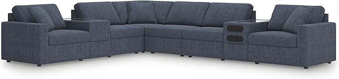 Signature Design by Ashley Modmax Contemporary Stain Resistant Left-Arm Facing 8-Piece Sectional with Audio and Storage Consoles, Armrest, Throw Pillows, Reversible Cushions and USB Port, Blue