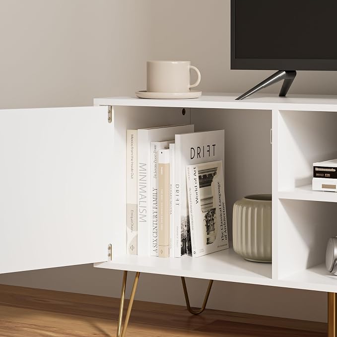TV Stand for 55-65 Inch TV, Entertainment Center with Soft Hinge Door,TV Console Table with 2 Cabinets with Gold Handle and Feet,for Living Room, Bedroom, White - Image 7