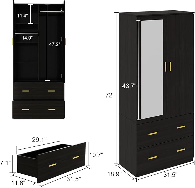 AIEGLE 2 Doors Wardrobe Armoire with Mirror, Mirrored Armoire Wardrobe Closet with 2 Drawers, Shelves & Hanging Rod, Bedroom Wooden Clothes Organizer, Dark Brown (31.5" W x 18.9" D x 72" H)