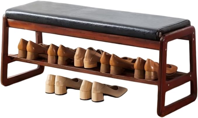 Solid Wood Shoe Bench, 2-Tier Wooden Entryway Bench, Modern Shoe Rack with Faux Leather Cushion for Hallway, Living Room (Black, 39.4'') by SOBIBO