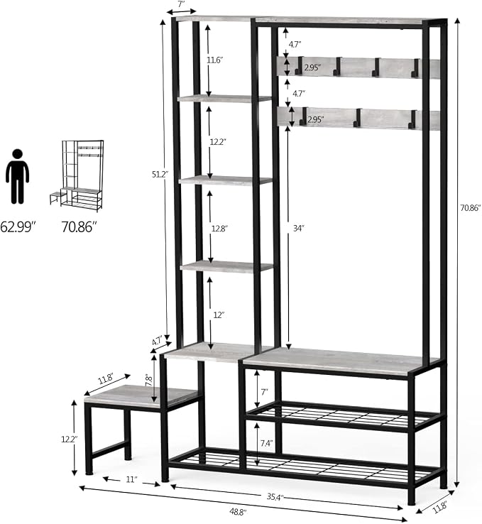 Espelism Hall Tree with Shoe Storage Bench Coat Rack with 7 Hooks Interchangeable 4 Tier Side Storage Shelves Small Cute Side Bench Industrial 5-in-1 Entryway Coat Rack for Hallway Mudroom Bedroom - Image 2