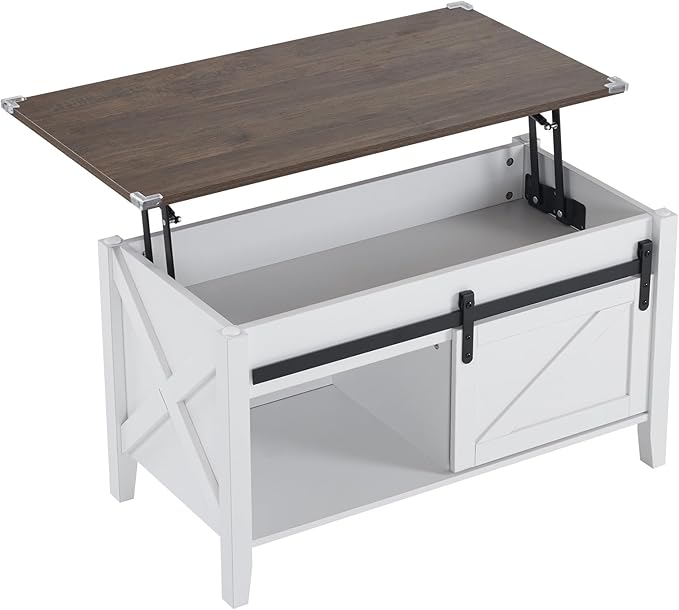 VINGLI Farmhouse Lift Top Coffee Table, Rustic Grey with Storage Shelf/Hidden Compartment, Mesa De Centro para Sala, Rustic Brown (White Oak, 36" L)