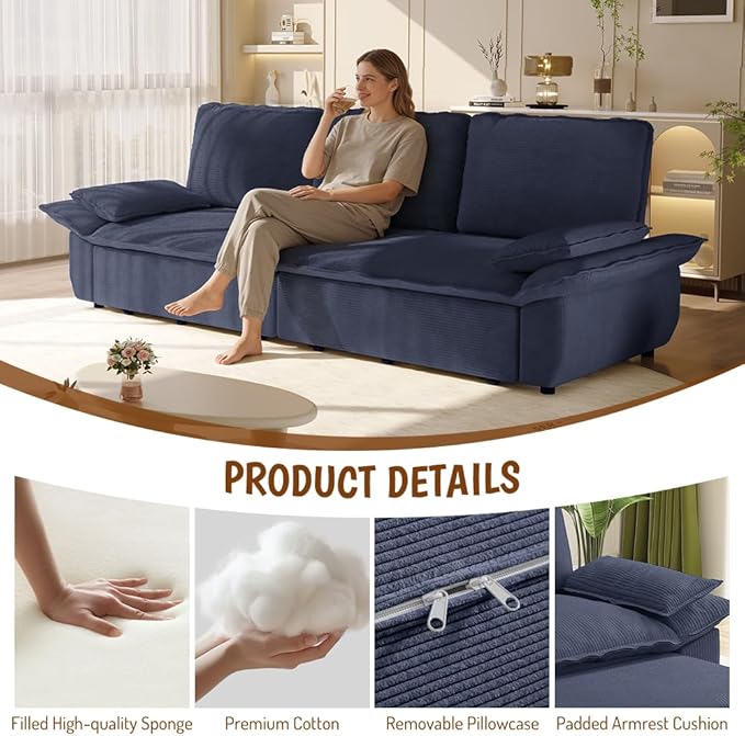 KEIKI 94.5'' King Size Pull Out Sleeper Sofa, 3-in-1 Convertible Futon Couch with Cloud Comfort, Corduroy Reclining Loveseat Sofa for Office, RV, Home Theater