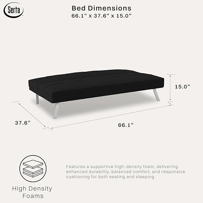 Serta® Rane Futon Sofa Bed 66.1", 3-in-1 Convertible Couch Sleeper for Small Spaces, Tufted Back, Twin Size Guest Bed, Black Woven Fabric