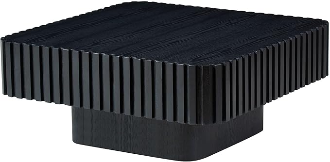 WILLIAMSPACE 31.5" Square Coffee Table with Sturdy Base, Modern Luxury Wood Drum Center Table Accent End Side Table for Living Room, Minimalist Fluted Design, Black