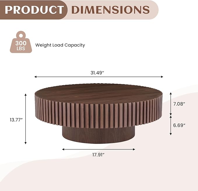 31.49" Walnut Coffee Table Round Wood, Modern Unique Fluted Tea Table, Contemporary Drum Circle Accent Center Table for Living Room, Small Space, Apartment