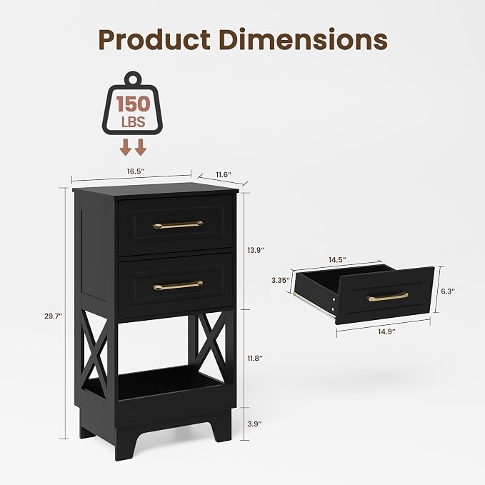 Tall Nightstand Set of 2 Side Table with 2 Drawers Modern Night Stand Wooden End Table Bedside Table with Below Open Shelf Solid Feet for Bedroom Black - Image 3